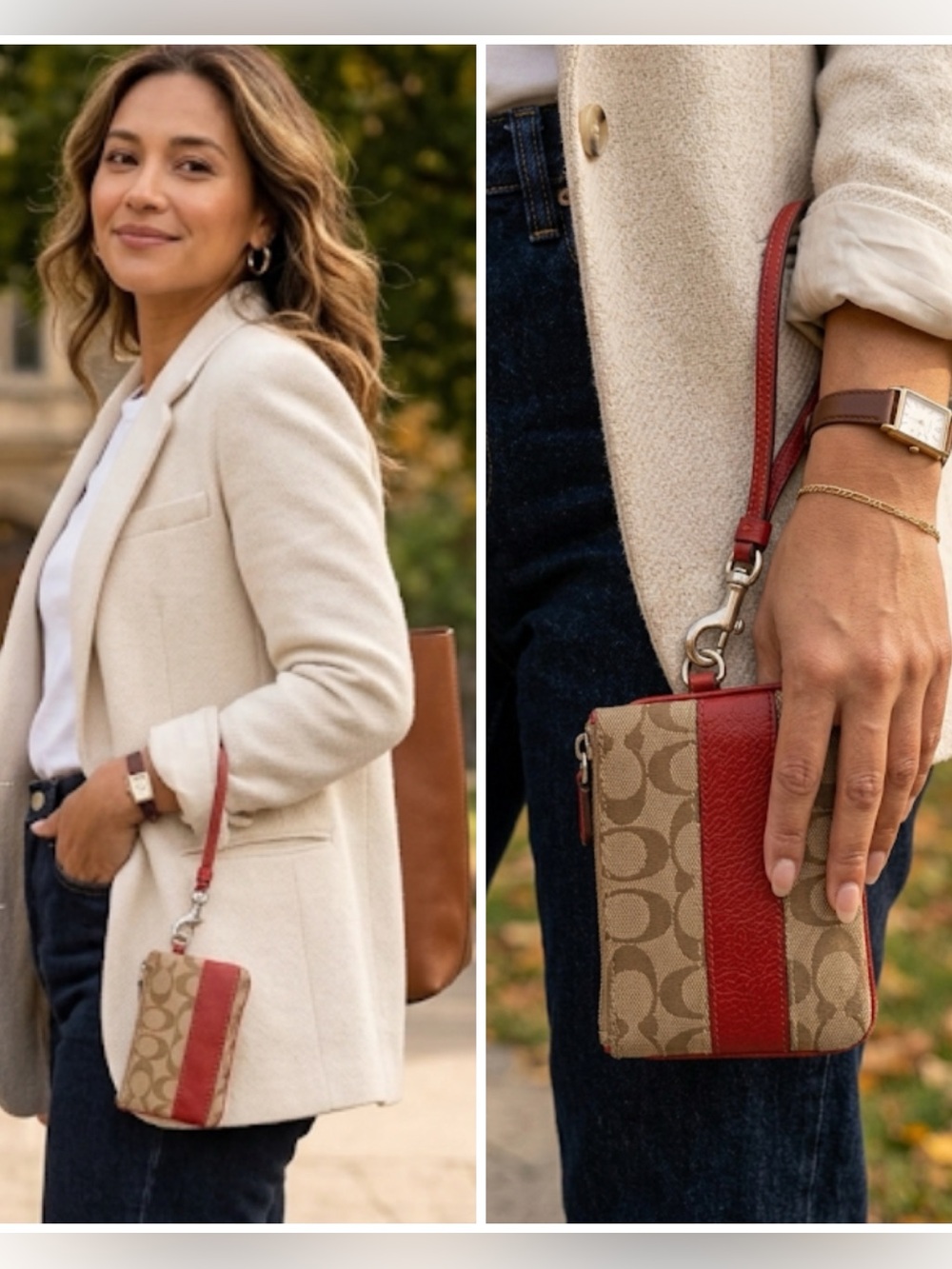 COACH Signature C Jacquard Wristlet Tan & Red Trim